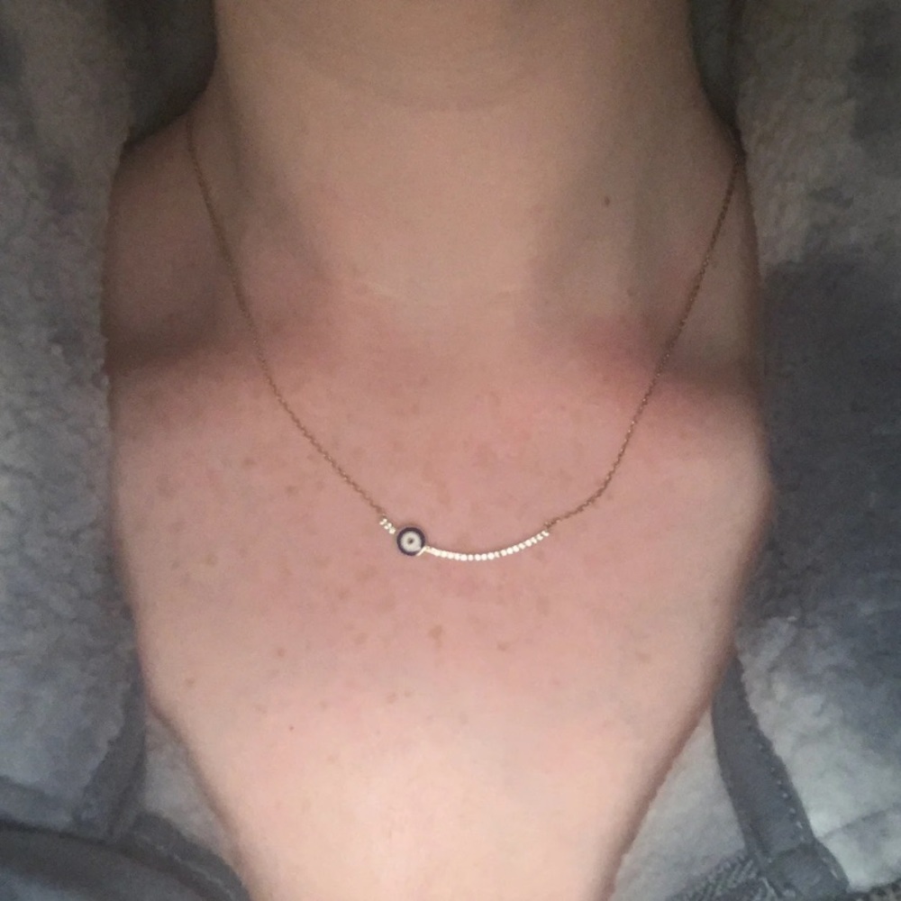 Gold Dainty Pave Bar Necklace with Evil Eye